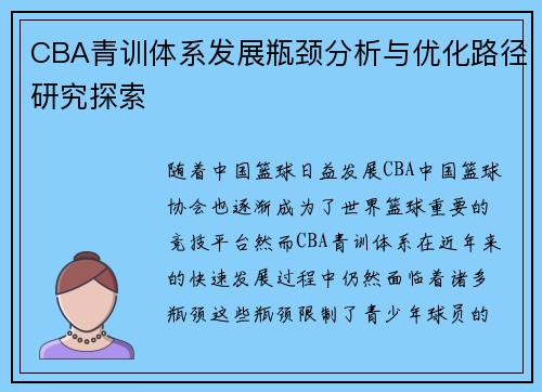 CBA青训体系发展瓶颈分析与优化路径研究探索